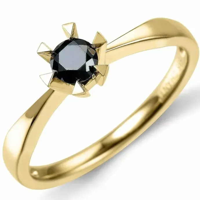 Sort solitairering i 14 karat guld 0,32 ct
