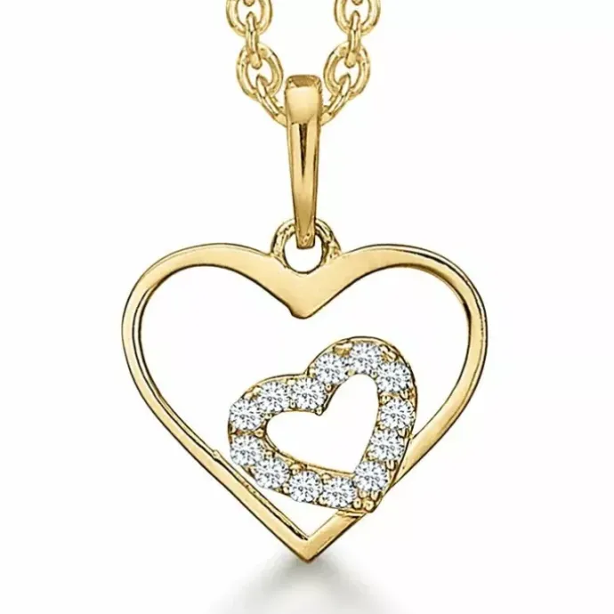Støvring Design hjerte Halskæde med vedhæng i 14 karat guld med forgyldt sølvhalskæde hvid zirkon